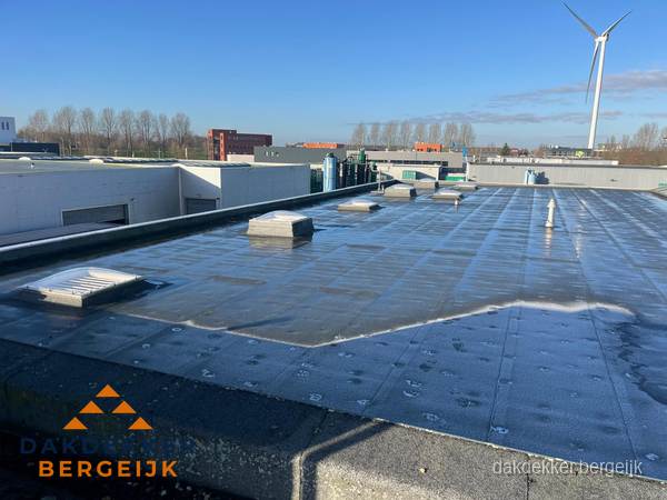 Plat dak bedrijfspand met bitumen dakbedekking en lichtkoepels in Bergeijk Plat dak bedrijfspand met bitumen dakbedekking en lichtkoepels in Bergeijk